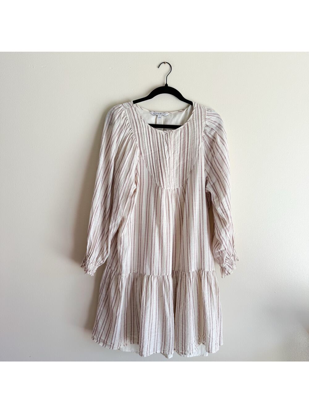 Elizabeth and James Beige + Red Striped Cotton Peasant Cottage Mini Dress Large